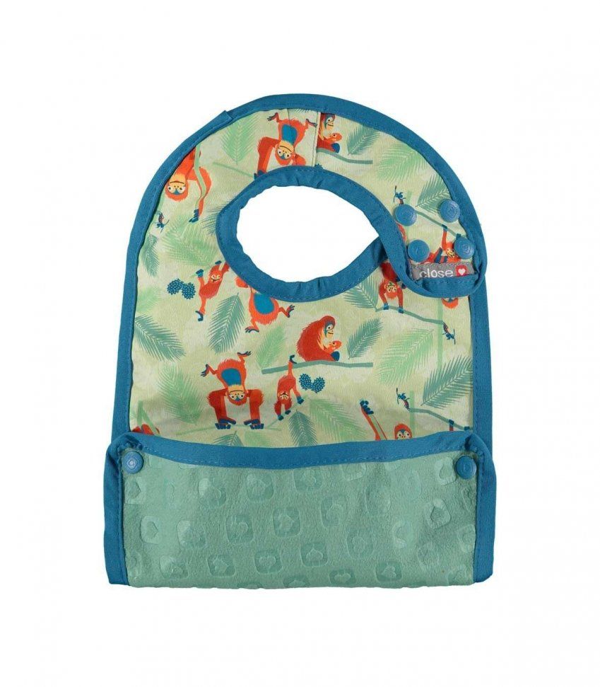 Babero con bolsillo reversible orangutanes, talla +6m CLOSE PARENTS